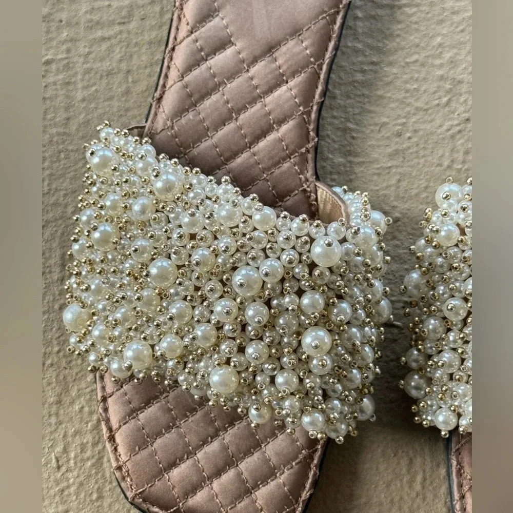 Sam Edelman Elijah Sandal Pearl Embellished Flat Pale Eggshell Slides Size 8 - Picture 7 of 11